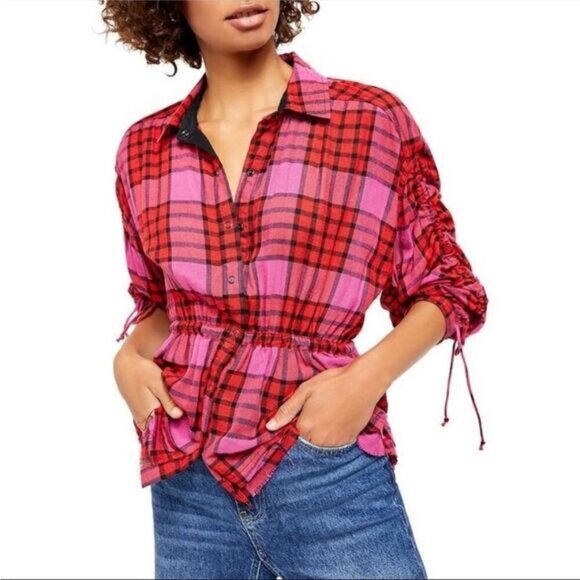 Free People Tops - Free People Pacific Dawn Plaid Shirt Snap Front Closure Drawstring